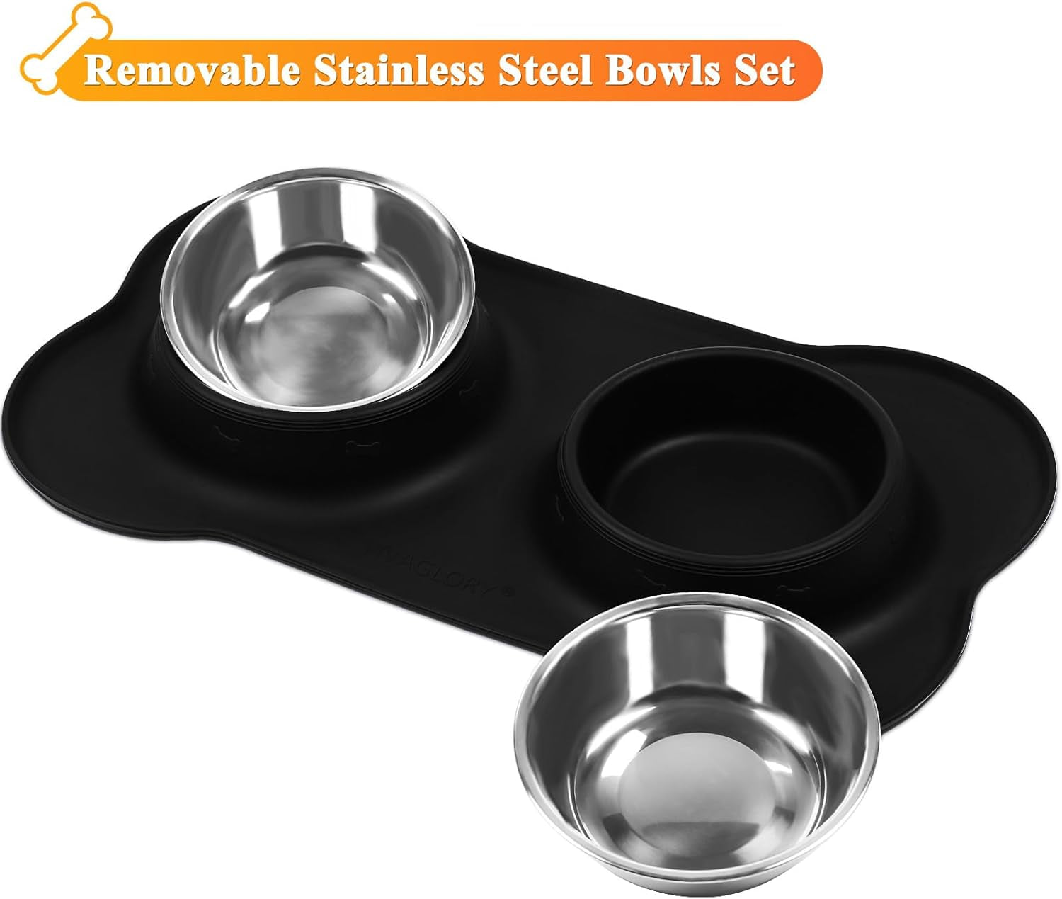 Dog Bowls, Dog Food Bowls, Stainless Steel Cat Puppy Water Bowls with Non Spill Skid Resistant Silicone Mat, Large, Black
