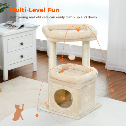 27-Inch Beige Plush Cat Tree with Condo and Scratching Posts for Medium Cats