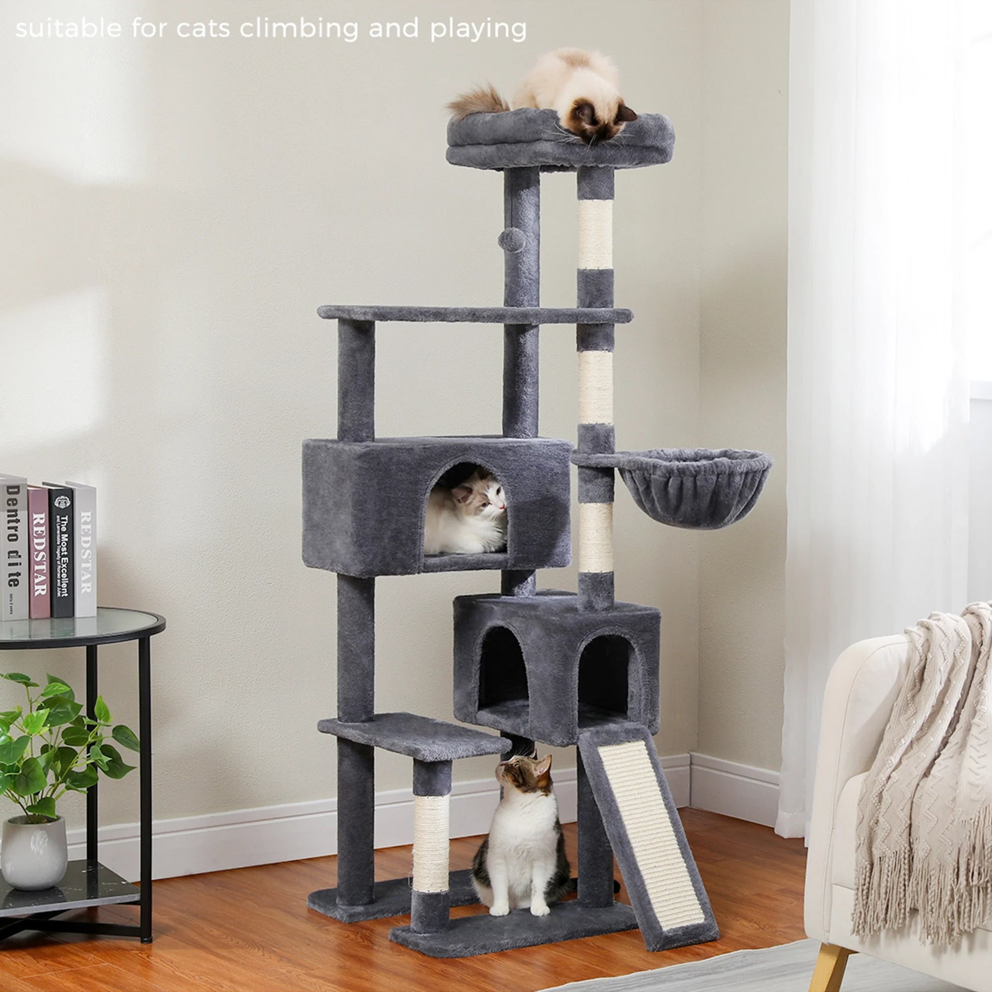 61-Inch Indoor Cat Tree Tower with Platform and Scratching Posts, Gray Cat Condo and House