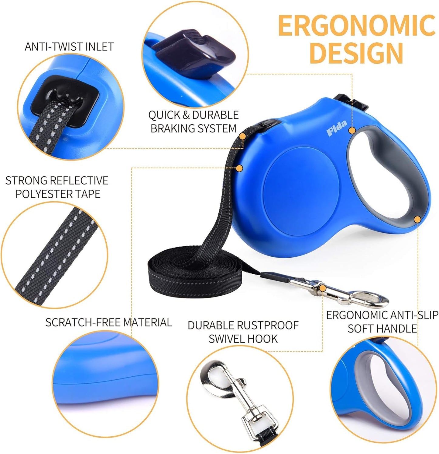 Retractable Dog Leash with Dispenser and Poop Bags, 16 Ft Pet Walking Leash for Large Dog up to 110 Lbs, Anti-Slip Handle, Tangle Free, Reflective Nylon Tape (L, Blue)