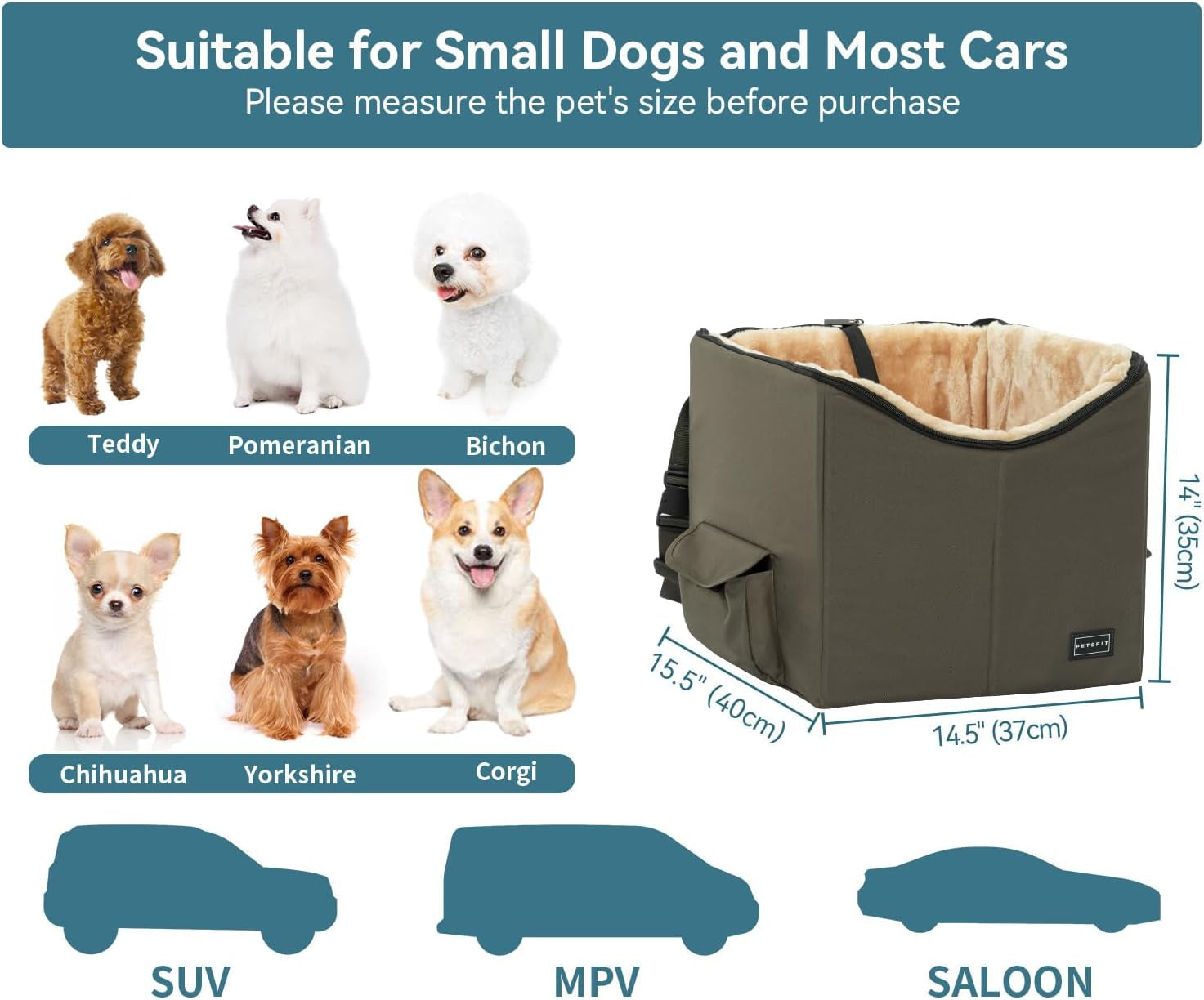 Small Dog and Cat Booster Seat with Storage Pockets for Vehicles, Dark Brown