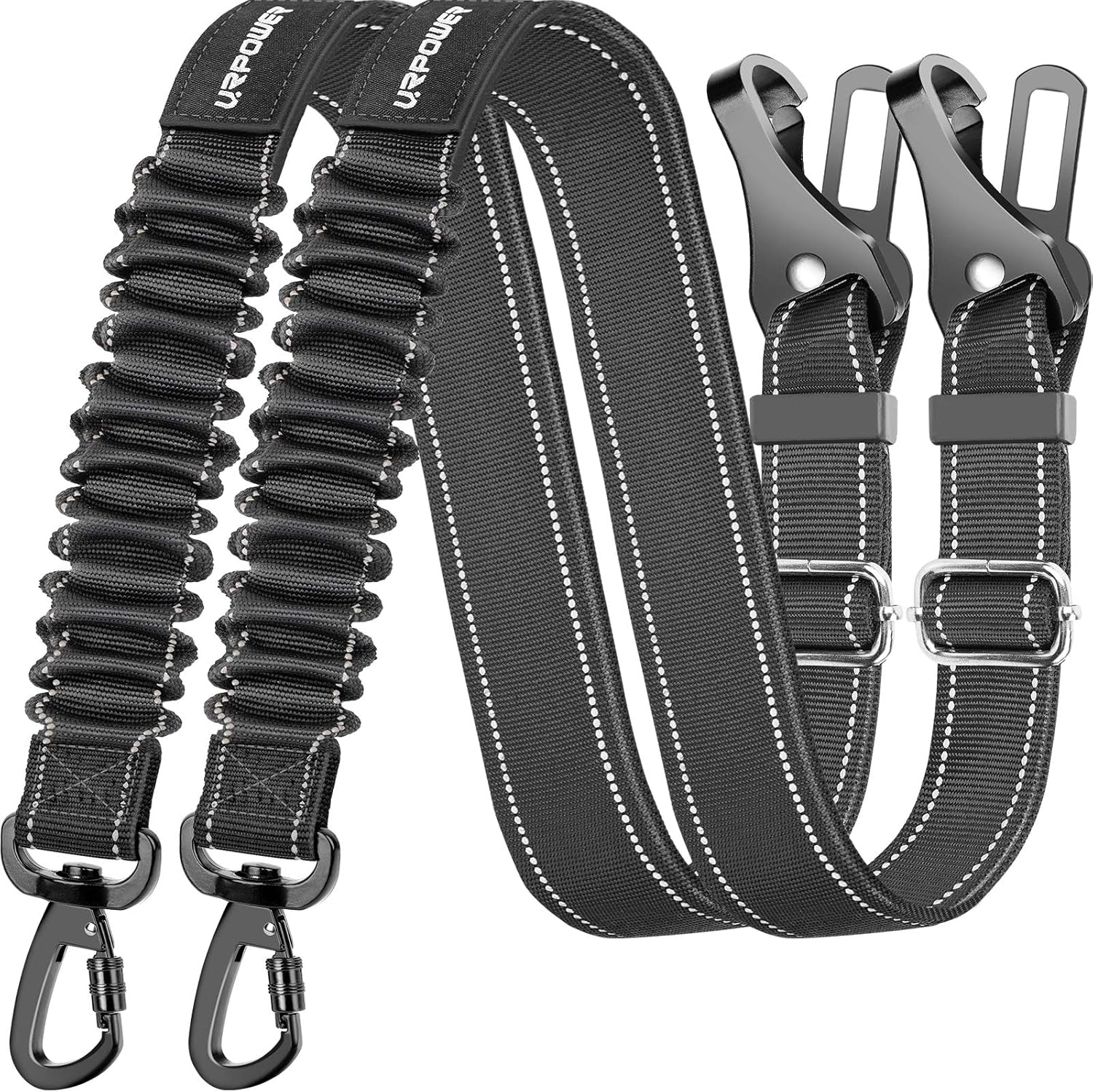3-In-1 Dog Seat Belt for Car, 2 Pack Adjustable Bungee Dog Car Harness with Seatbelt Buckle & Latch Hook, Reflective & 360° Swivel Heavy Duty Pet Safety Belts for Dogs and Cats