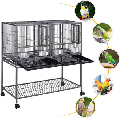 41.5" Stackable Divided Breeder Cage for Small Birds with Mobile Stand in Black
