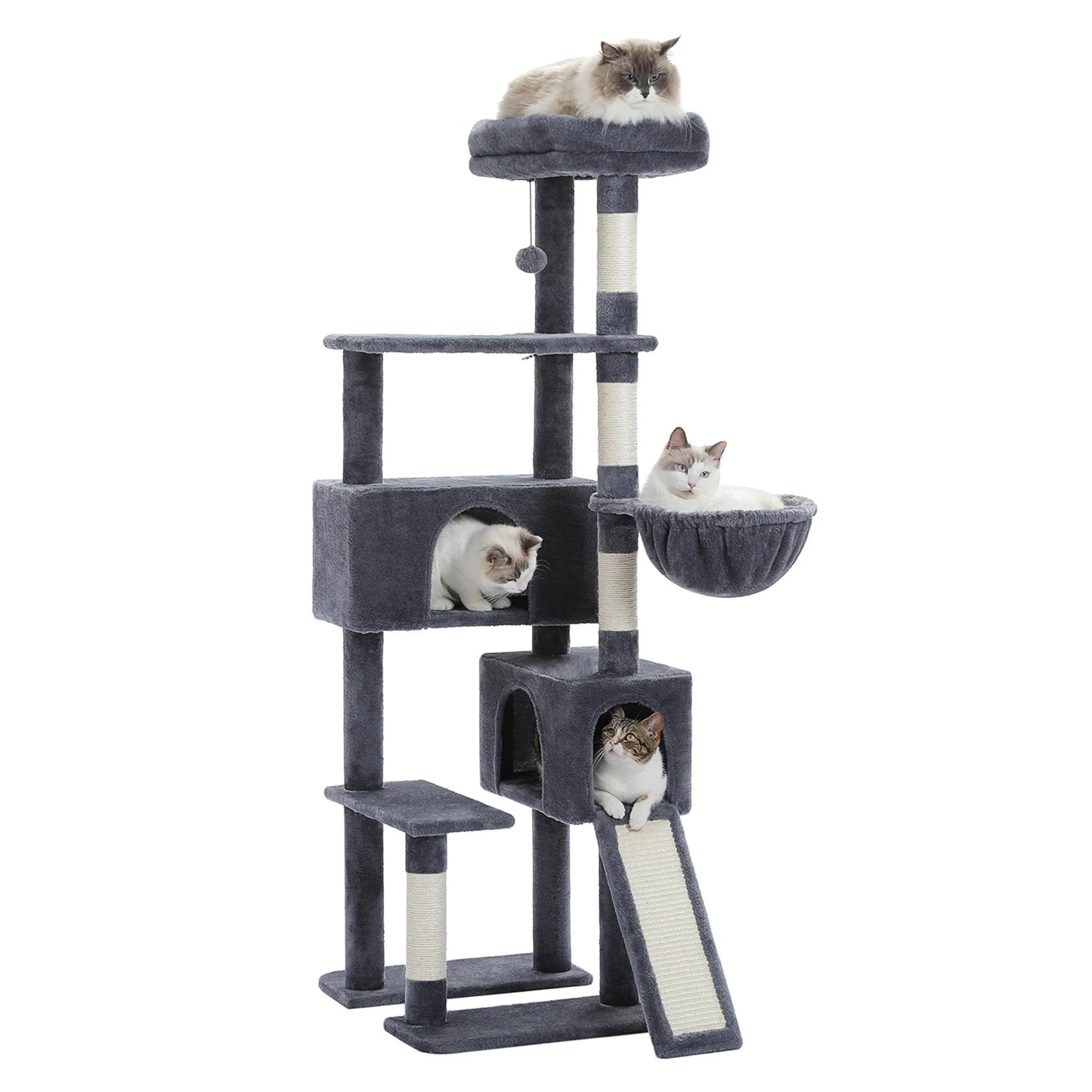 61-Inch Indoor Cat Tree Tower with Platform and Scratching Posts, Gray Cat Condo and House