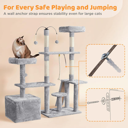 53.5-Inch Cat Tree with Sisal Scratching Posts, Condo, Perches, and Wide Platform for Indoor Kittens and Adult Cats in Light Gray