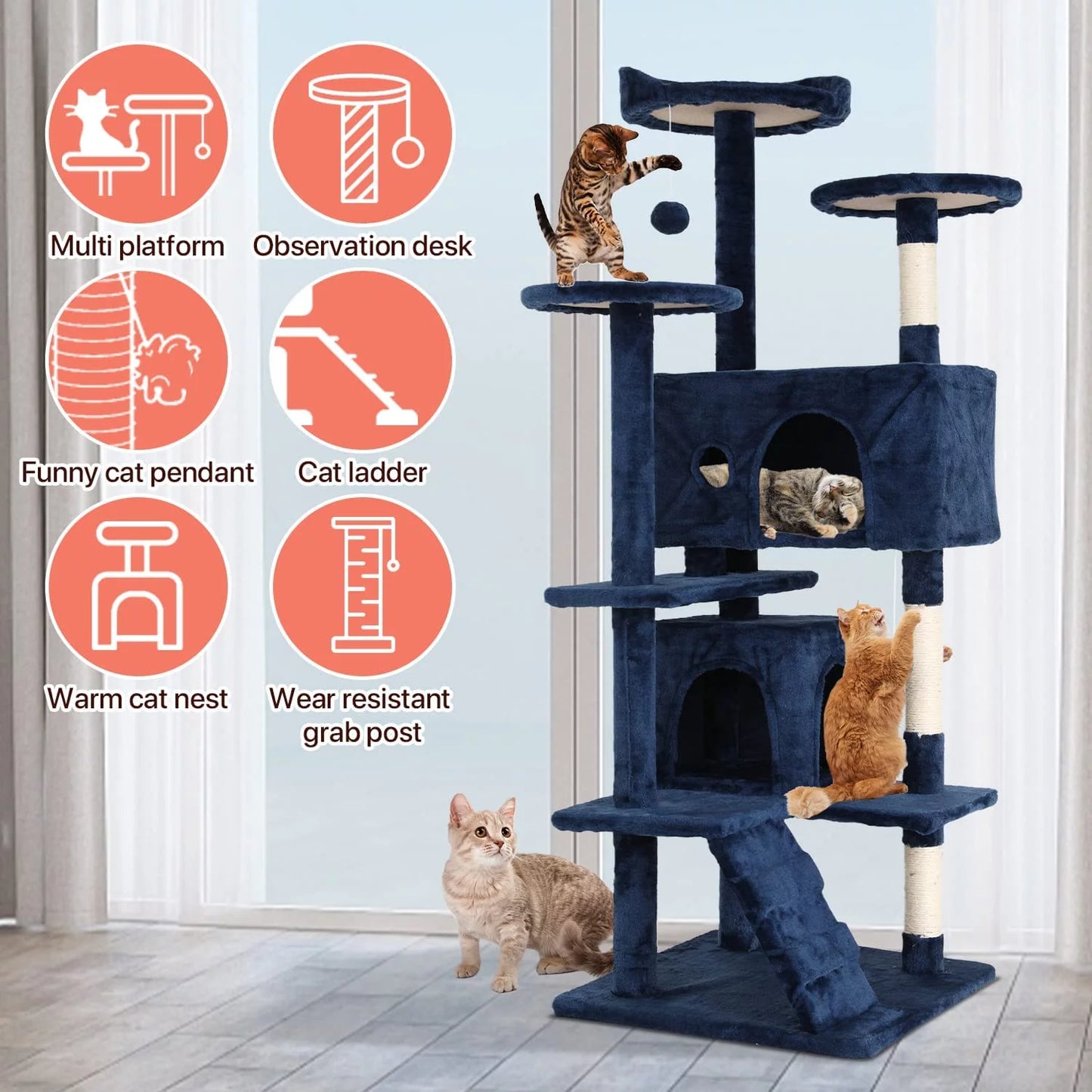 54-Inch Double Condo Cat Tree Tower with Scratching Post and Perch for Indoor Use in Navy Blue