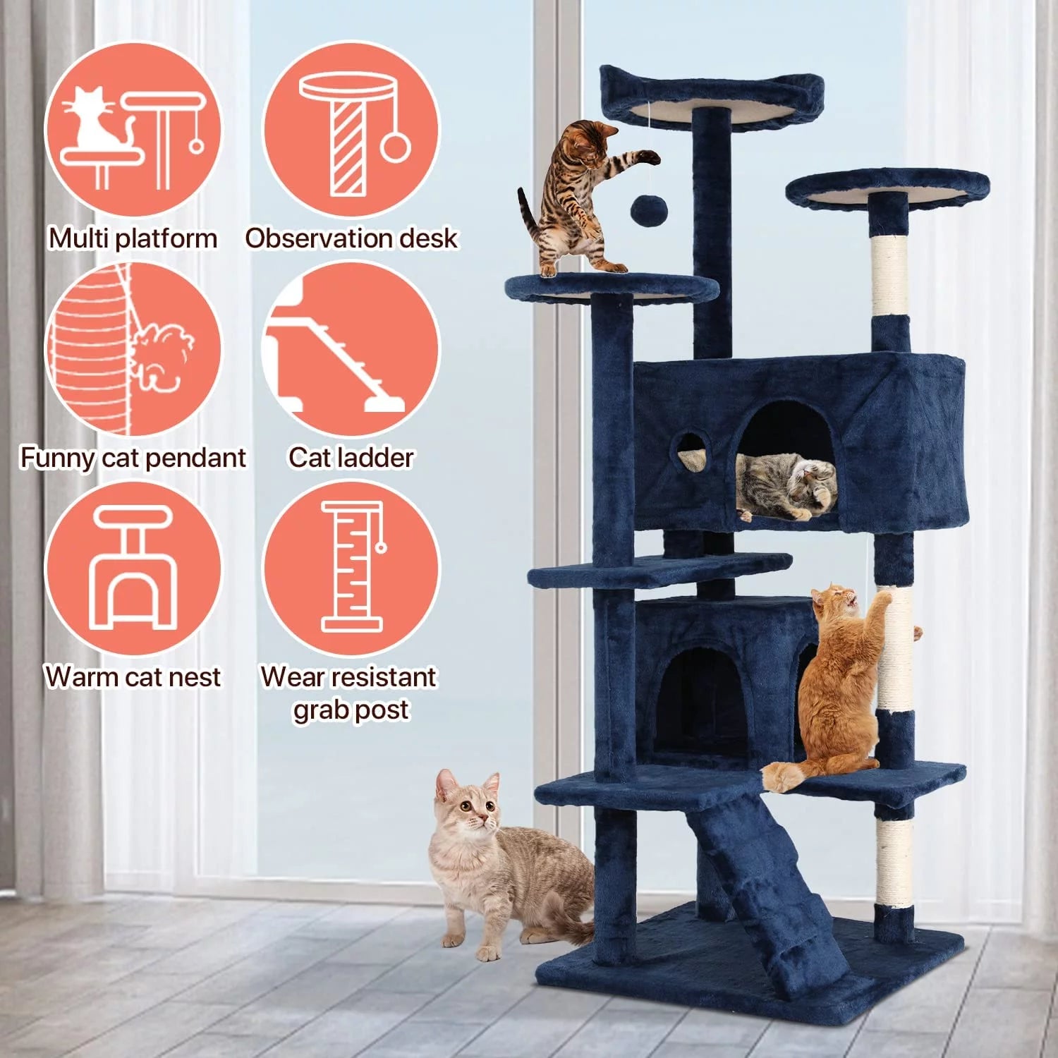 54-Inch Double Condo Cat Tree Tower with Scratching Post and Perch for Indoor Use in Navy Blue