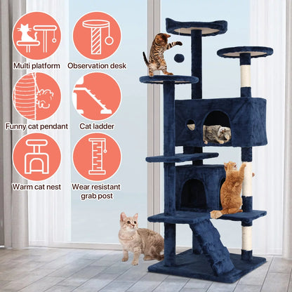 54-Inch Double Condo Cat Tree Tower with Scratching Post and Perch for Indoor Use in Navy Blue