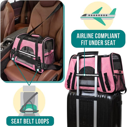 Airline-Approved Soft-Sided Pet Carrier for Cats and Small Dogs - Ventilated Travel Bag for Indoor Use, Medium to Large Size, Elegant Pink Design