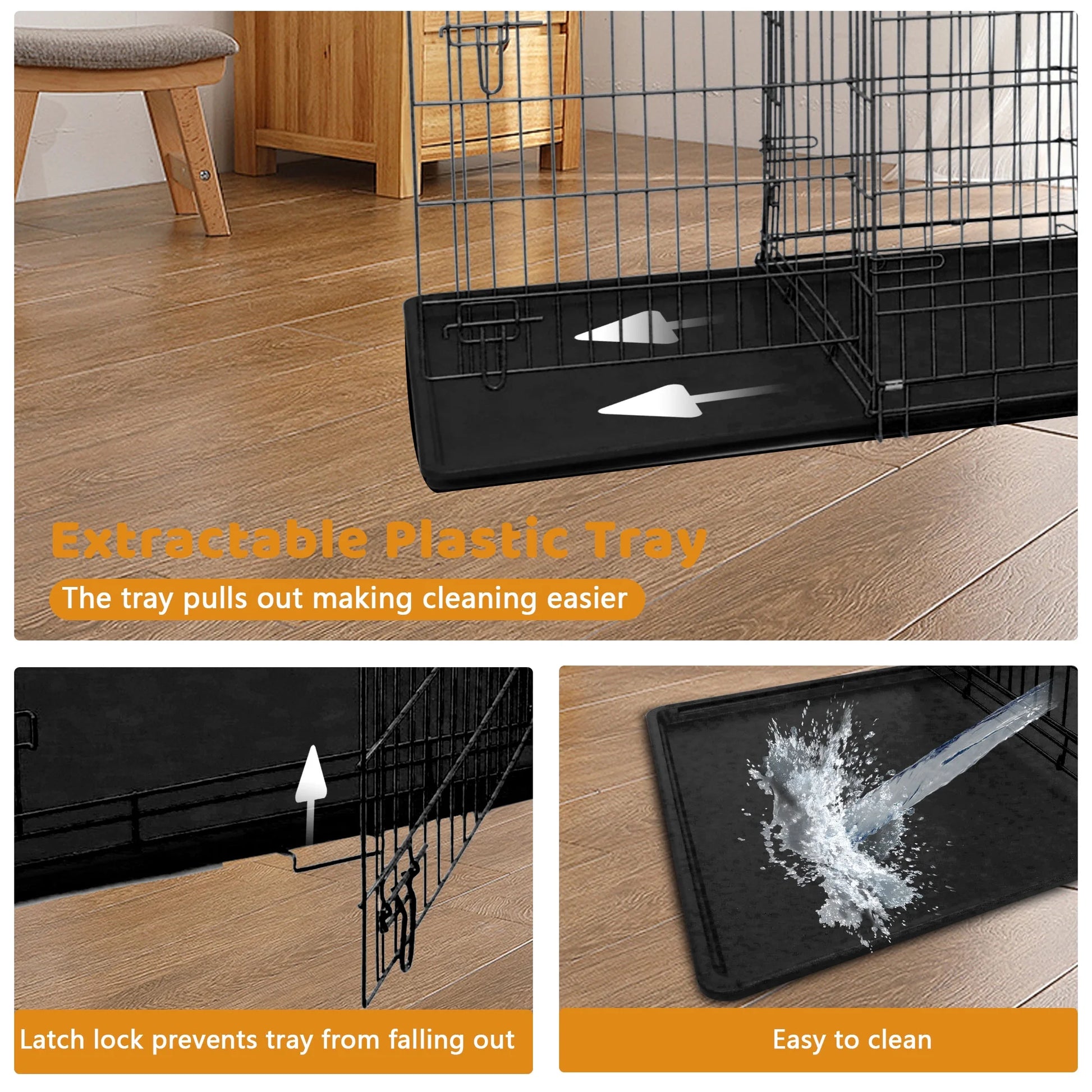 48-Inch Collapsible Metal Dog Crate with Dual Access Doors and Carry Handle, Suitable for Large and Medium Breeds, Includes Removable Plastic Tray, Black