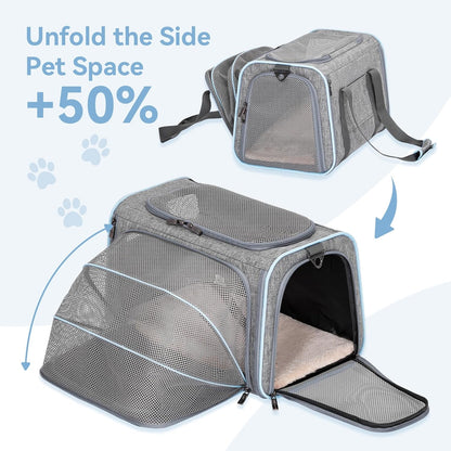 Expandable Cat Carrier Dog Carriers,Airline Approved Soft-Sided Portable Pet Travel Washable Carrier for Kittens,Puppies,Removable Soft Plush Mat and Pockets,Locking Safety Zippers