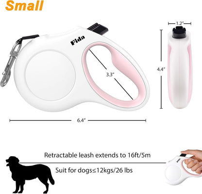 Retractable Dog Leash for Small Breed up to 26 Lbs, 16 Ft Pet Walking Leash with Dispenser and Poop Bags, Anti-Slip Handle, Reflective Strong Nylon Tape, One-Handed Brake (S, White & Pink)