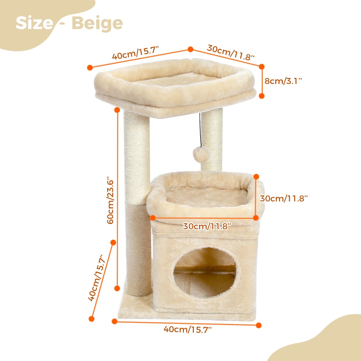 27-Inch Beige Plush Cat Tree with Condo and Scratching Posts for Medium Cats