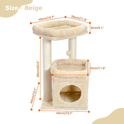 27-Inch Beige Plush Cat Tree with Condo and Scratching Posts for Medium Cats