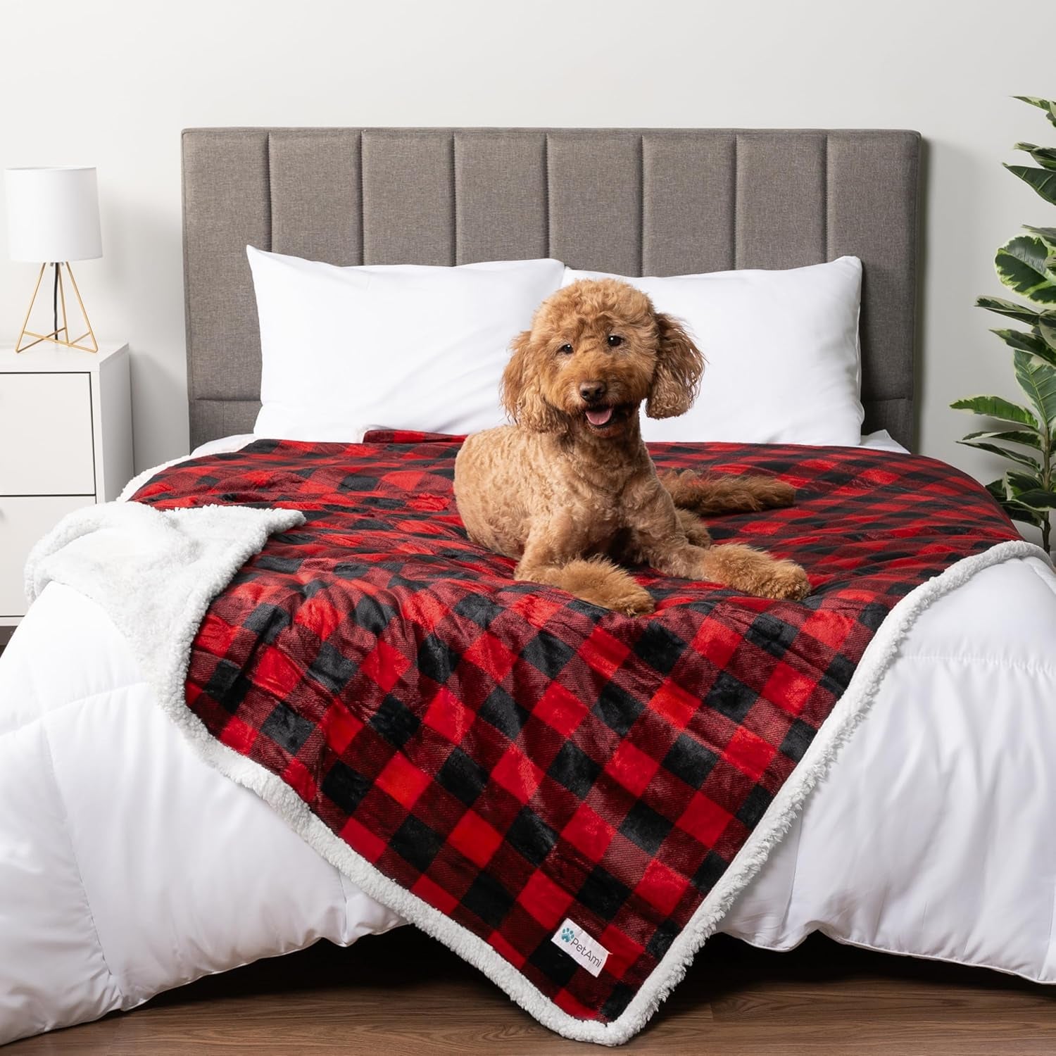 Waterproof Dog Blanket for Medium Large XL Dog Puppy Cat Throw for Couch Cover Leakproof Protection, Sherpa Fleece, Reversible Soft Washable 80X60 Checker Plaid Red