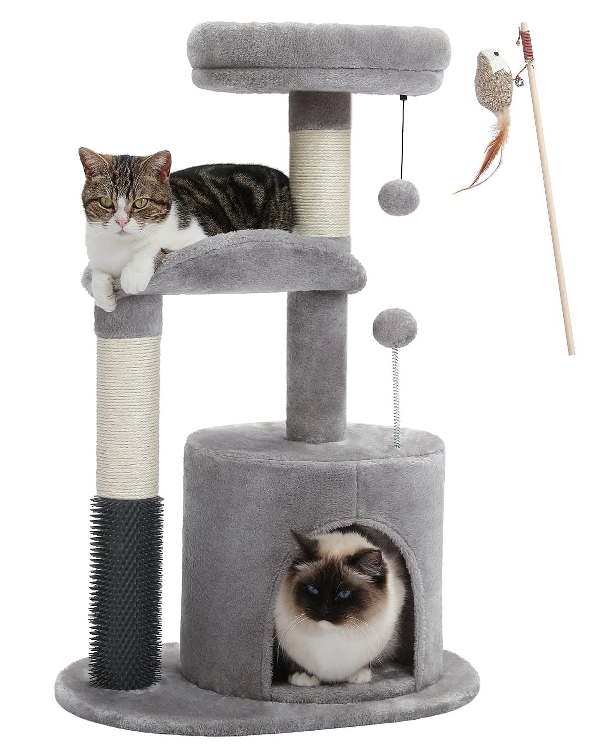32.7-Inch Gray Cat Tree - Space-Saving Cat Tower with Scratching Posts, Condo, and Self-Grooming Toy