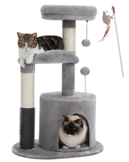 32.7-Inch Gray Cat Tree - Space-Saving Cat Tower with Scratching Posts, Condo, and Self-Grooming Toy