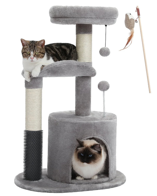 32.7-Inch Gray Cat Tree - Space-Saving Cat Tower with Scratching Posts, Condo, and Self-Grooming Toy