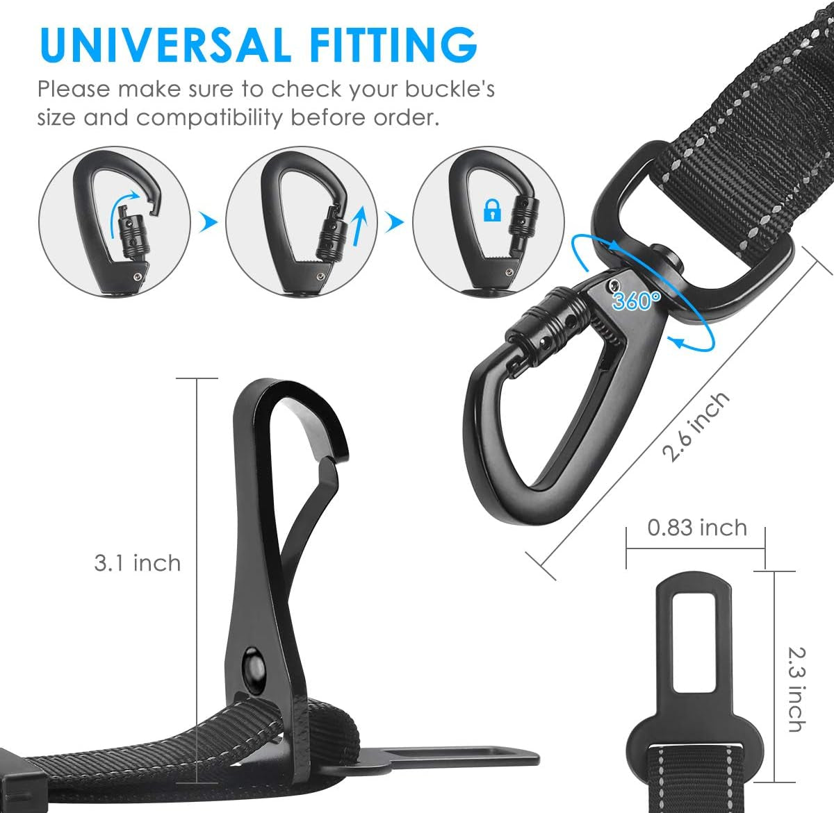 3-In-1 Dog Seat Belt for Car, 2 Pack Adjustable Bungee Dog Car Harness with Seatbelt Buckle & Latch Hook, Reflective & 360° Swivel Heavy Duty Pet Safety Belts for Dogs and Cats