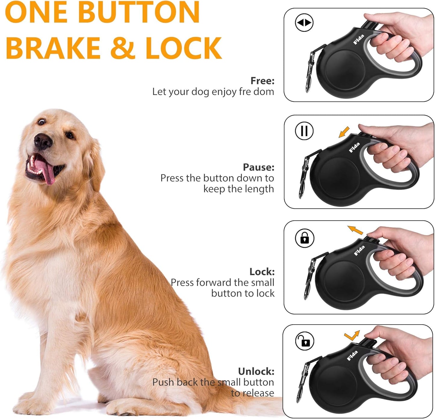 Retractable Dog Leash with Dispenser and Poop Bags, 16 Ft Pet Walking Leash for Medium Dog or Cat up to 44 Lbs, Anti-Slip Handle, Tangle-Free, Reflective Nylon Tape (M, Black)