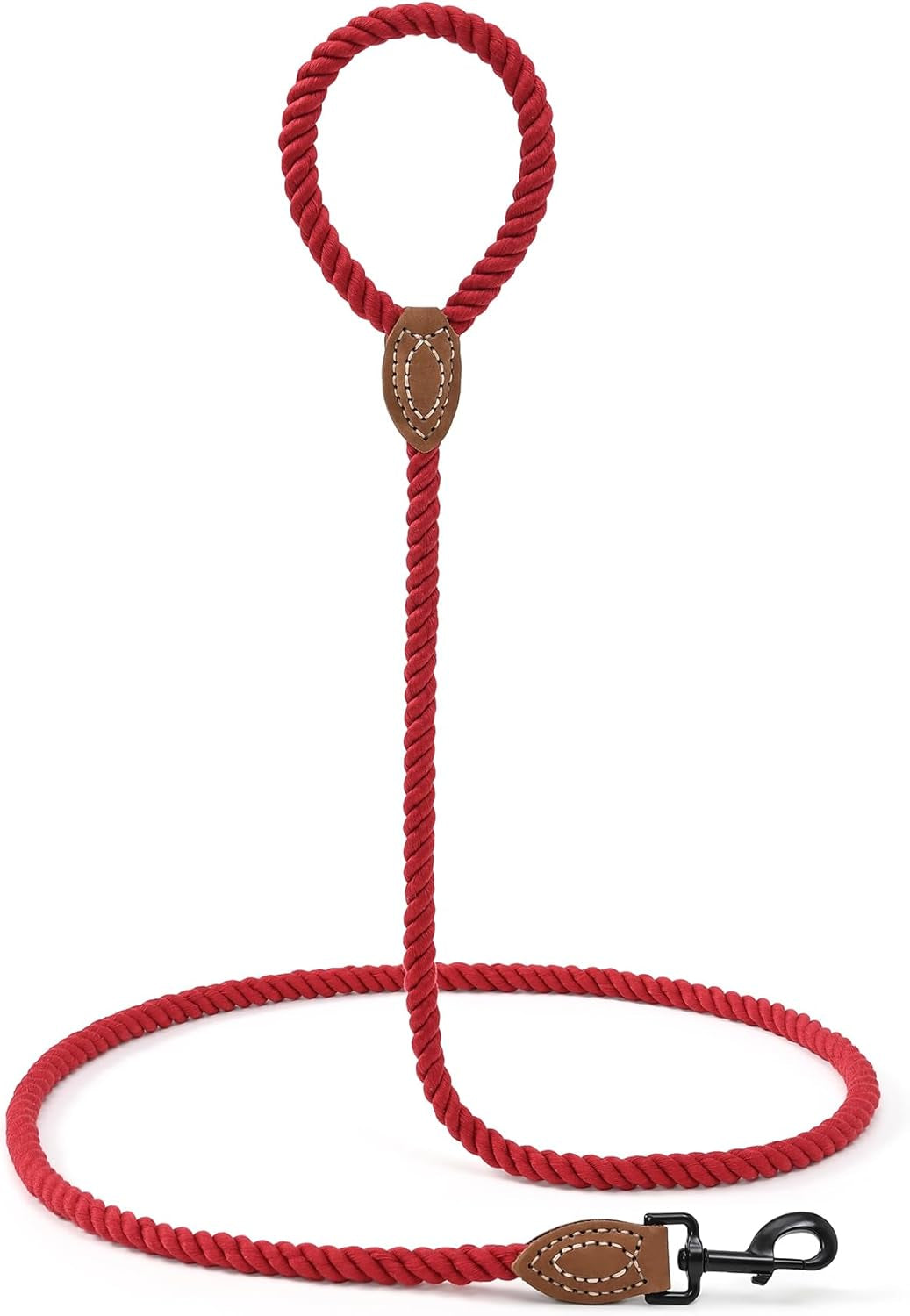 Braided Cotton Rope Dog Leash with Leather Tip - Durable Metal Clasp, 5FT Length, 1/2" Thickness - Perfect for Medium to Large Breeds (Red)