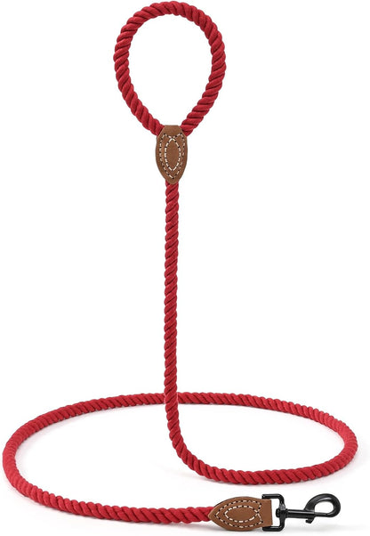 Braided Cotton Rope Dog Leash with Leather Tip - Durable Metal Clasp, 5FT Length, 1/2" Thickness - Perfect for Medium to Large Breeds (Red)