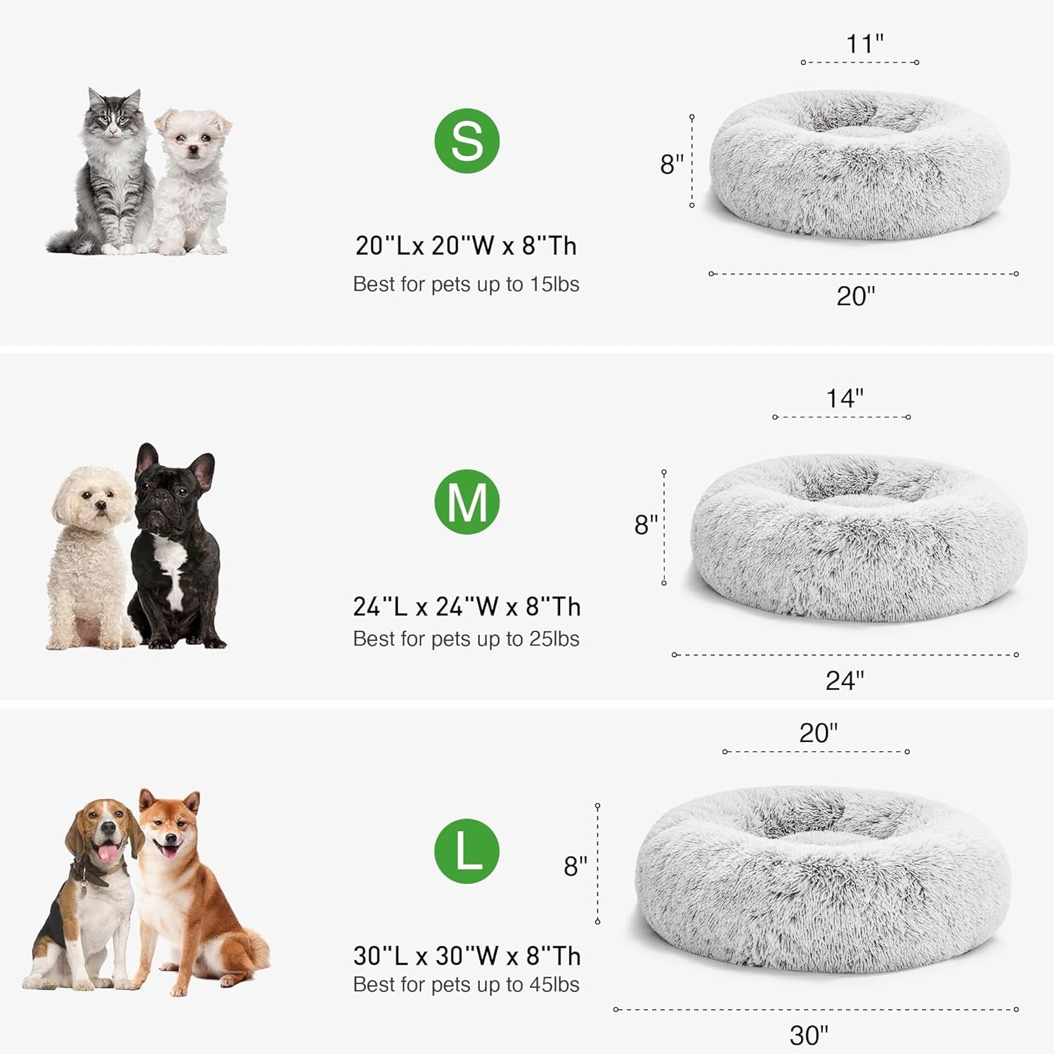 Calming Donut Pet Bed for Indoor Cats and Small to Medium Dogs, Anti-Anxiety Design, Fluffy Faux Fur, Washable, Grey, 24 Inches