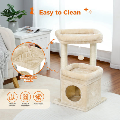 27-Inch Beige Plush Cat Tree with Condo and Scratching Posts for Medium Cats
