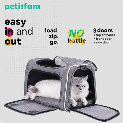 Top Load Cat Carrier Bag for Medium Cats and Small Dogs. Airline Approved, Collapsible, Escape Proof and Auto-Safe. Easy to Get Cat in and Make Vet Visit Less Stressful