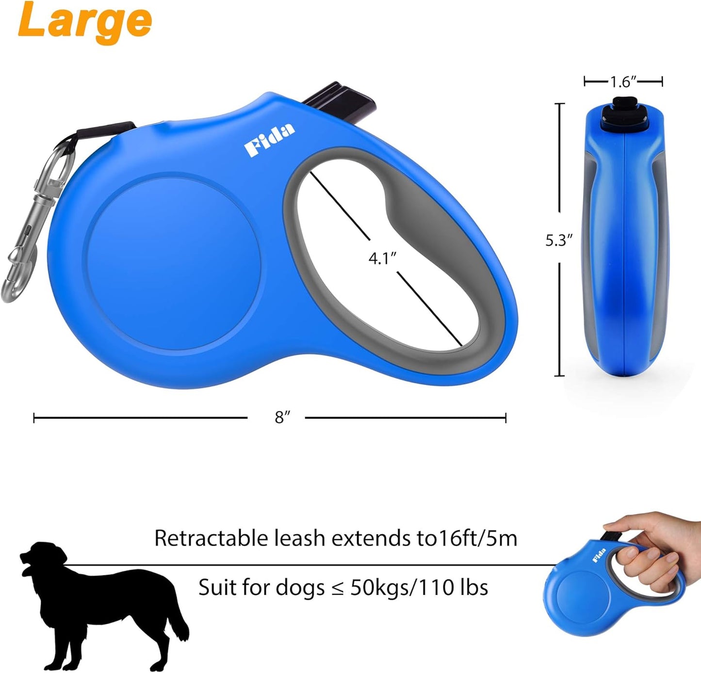 Retractable Dog Leash with Dispenser and Poop Bags, 16 Ft Pet Walking Leash for Large Dog up to 110 Lbs, Anti-Slip Handle, Tangle Free, Reflective Nylon Tape (L, Blue)