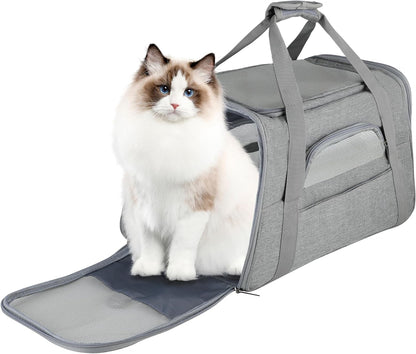 Pet Travel Carrier Soft Sided Portable Bag for Cats, Small Dogs, Kittens or Puppies, Collapsible, Durable, Airline Approved, Travel Friendly (Grey, 17.0" L X 10.0" W X 11.0" H) (Grey)