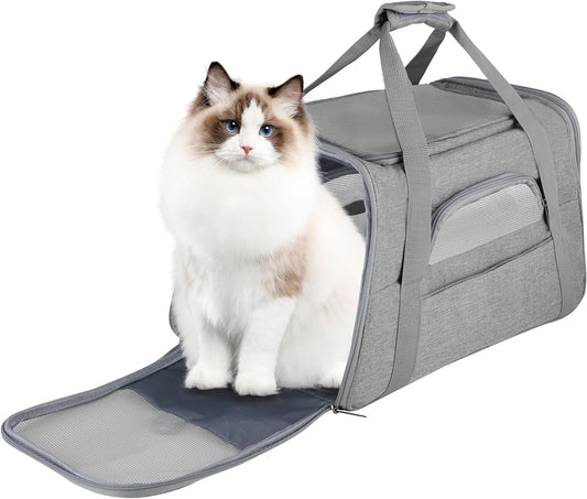 Pet Travel Carrier Soft Sided Portable Bag for Cats, Small Dogs, Kittens or Puppies, Collapsible, Durable, Airline Approved, Travel Friendly (Grey, 17.0" L X 10.0" W X 11.0" H) (Grey)