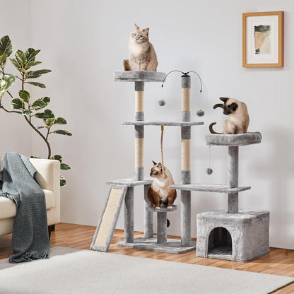 53.5-Inch Cat Tree with Sisal Scratching Posts, Condo, Perches, and Wide Platform for Indoor Kittens and Adult Cats in Light Gray