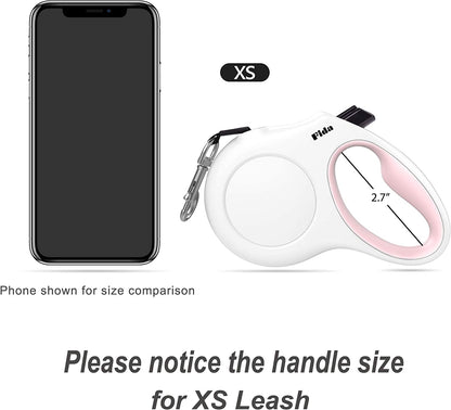 Retractable Dog Leash with Waste Bag Dispenser for Pets Up to 18 lbs, 10 ft Length, Anti-Slip Handle, Tangle-Free Design, and Reflective Nylon - White