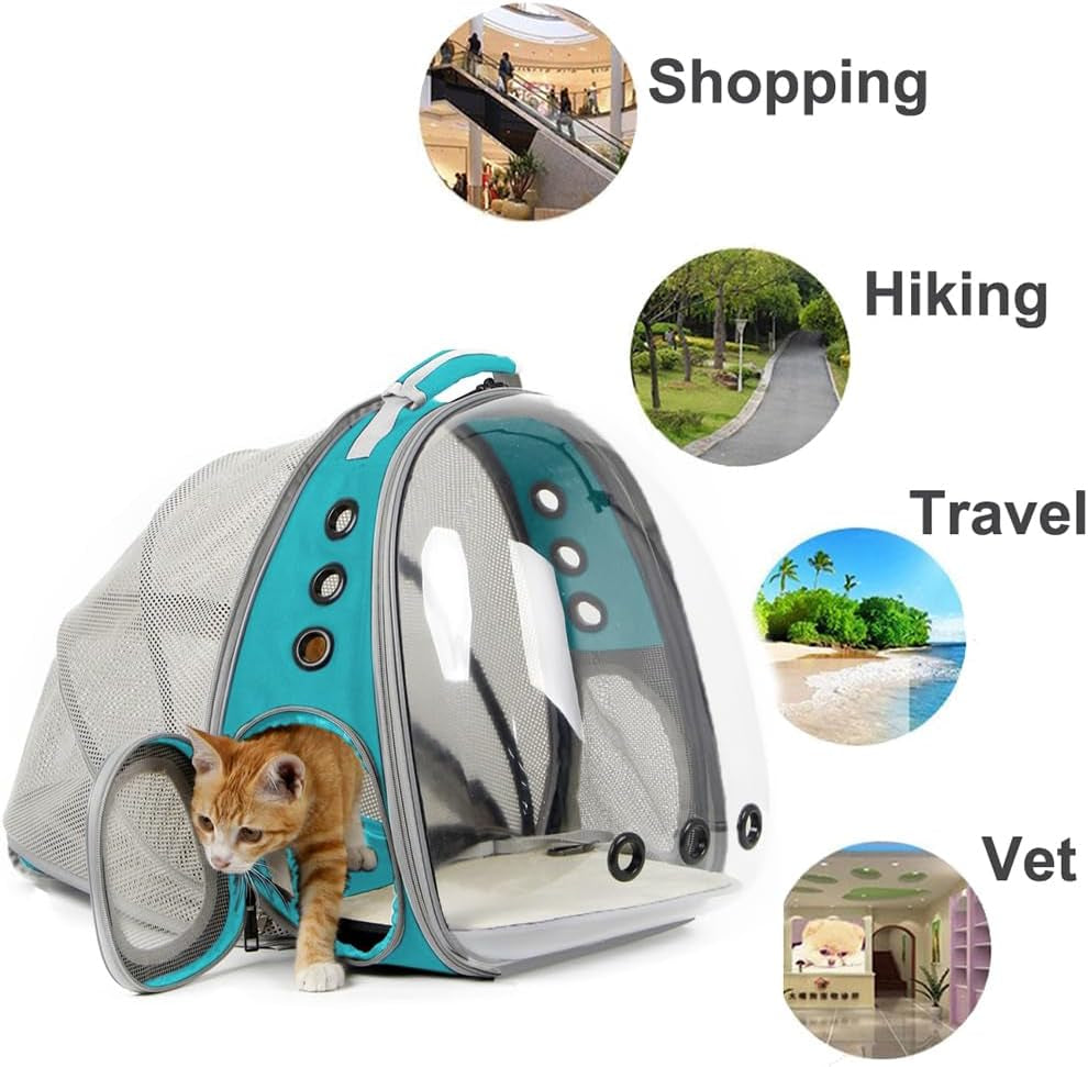 Cat Travel Backpack with Integrated Fan for Pets up to 12 lbs, Space Capsule Design with Clear Bubble Window - Green