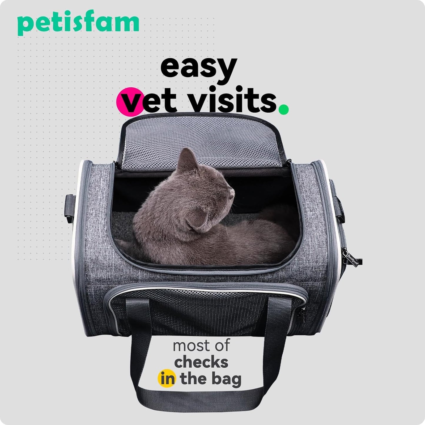 Top Load Cat Carrier Bag for Medium Cats and Small Dogs. Airline Approved, Collapsible, Escape Proof and Auto-Safe. Easy to Get Cat in and Make Vet Visit Less Stressful