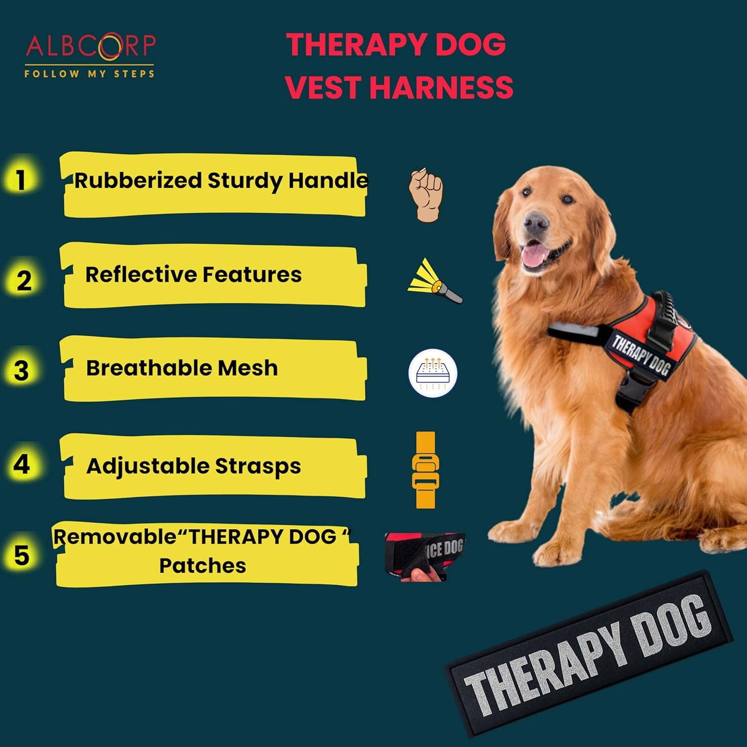 Reflective Therapy Dog Vest Harness, Woven Nylon, Adjustable Service Animal Jacket, with 2 Hook and Loop Therapy Dog Removable Patches. Red, Extra Small