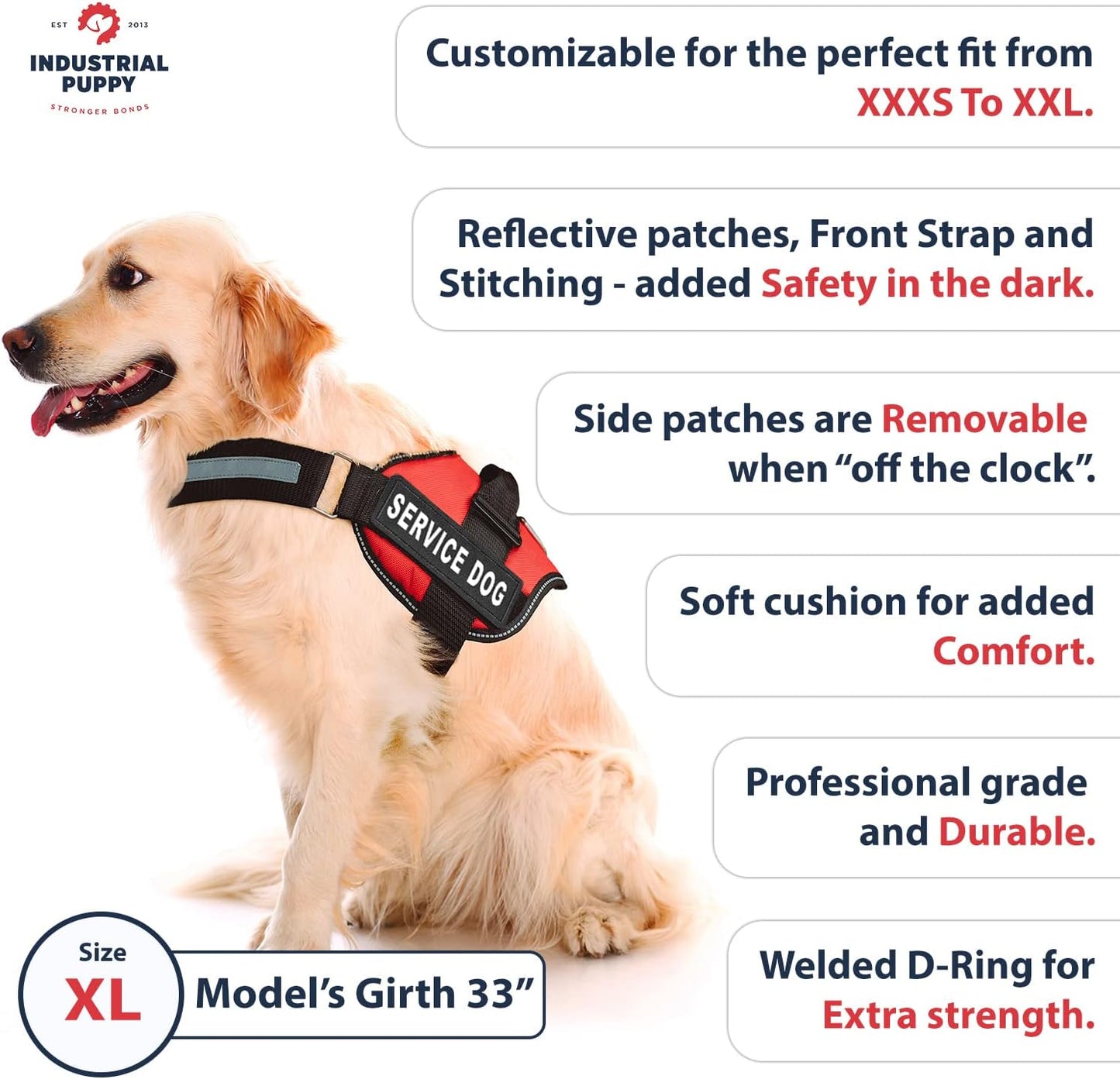 Service Dog Vest with Hook and Loop Straps and Matching Service Dog Leash Set - Harnesses from XXS to XXL - Harness Features Reflective Patch and Comfortable Mesh Design