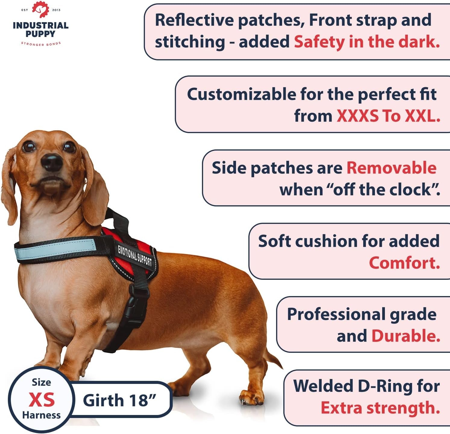 Emotional Support Vest Harness with Hook, Loop Straps and Handle, 2 Reflective Service Emotional Support Self-Adhesive Straps, ESA Matching Leash Set, Dog Accessories, XS, Bright Red