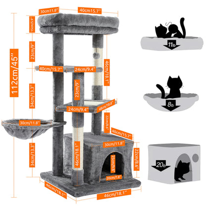 Multi-Level Cat Tree with Sisal Scratching Posts, Spacious Condo, Cozy Hammock, and Plush Perch