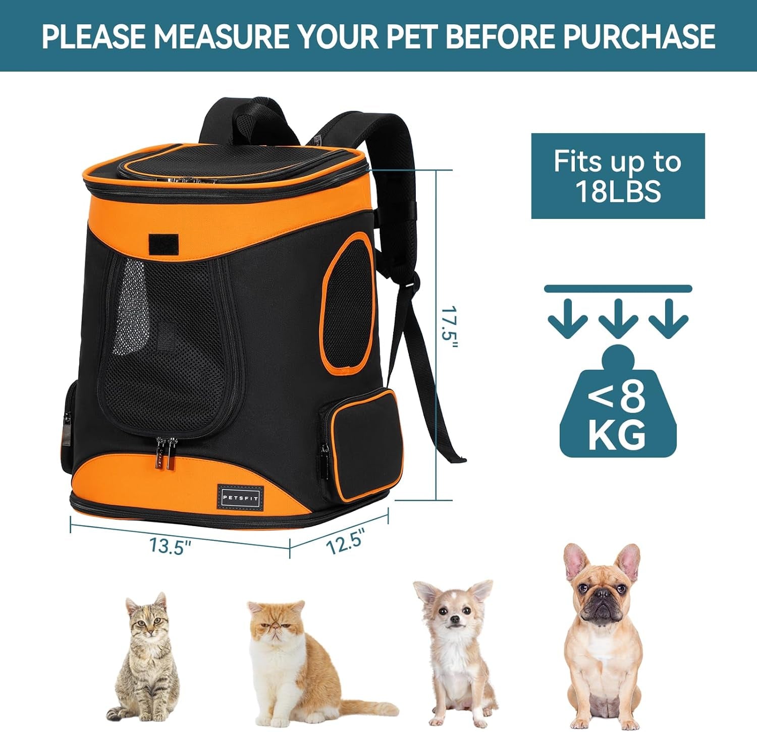 Cat Backpack Carrier Easy-Fit Dog Travel Backpack Carrier for Hiking Walking Cycling Suitable for Small Medium Dogs Cats and Rabbits up to 22 Pounds, Orange