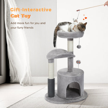 32.7-Inch Gray Cat Tree - Space-Saving Cat Tower with Scratching Posts, Condo, and Self-Grooming Toy