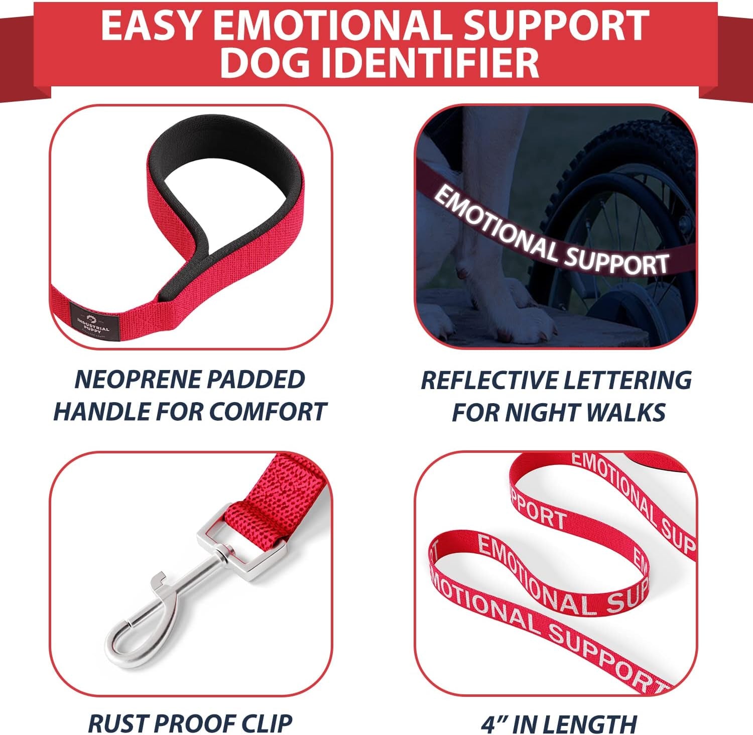 Emotional Support Vest Harness with Hook, Loop Straps and Handle, 2 Reflective Service Emotional Support Self-Adhesive Straps, ESA Matching Leash Set, Dog Accessories, XS, Bright Red