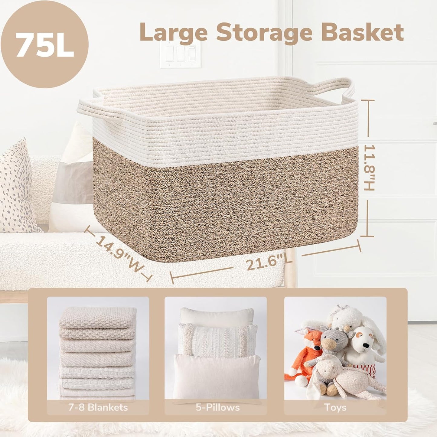 Large Woven Blanket Basket, 21.6" X 14.9" X 11.8" Storage Baskets for Organizing, Rectangle Cotton Rope Toy Basket for Living Room, Bedroom, White & Brown