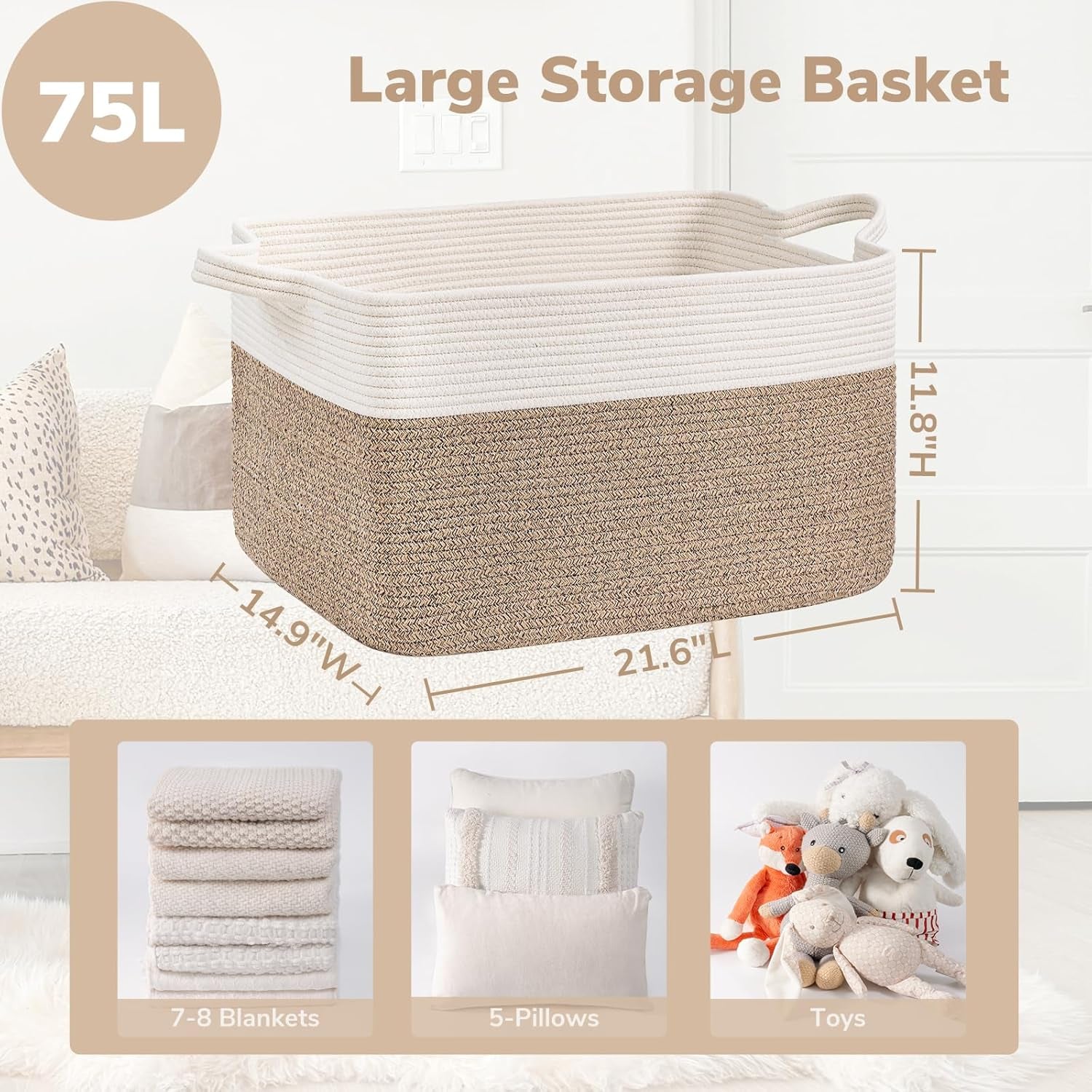 Large Woven Blanket Basket, 21.6" X 14.9" X 11.8" Storage Baskets for Organizing, Rectangle Cotton Rope Toy Basket for Living Room, Bedroom, White & Brown