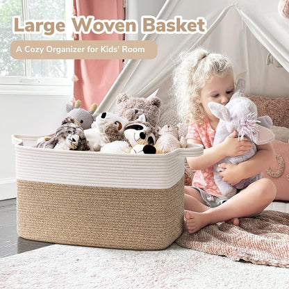 Large Woven Blanket Basket, 21.6" X 14.9" X 11.8" Storage Baskets for Organizing, Rectangle Cotton Rope Toy Basket for Living Room, Bedroom, White & Brown