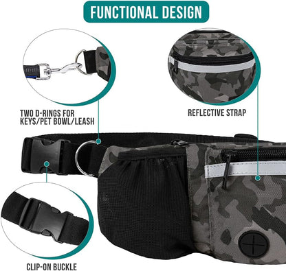 Dog Fanny Pack, Treat Pouch for Dog Walking, Training, Built in Poop Bag Dispenser, Water Bottle Holder, Collapsible Bowl, Pet Treat Waist Belt for Hiking, Running, Kibbles (Camo Black)