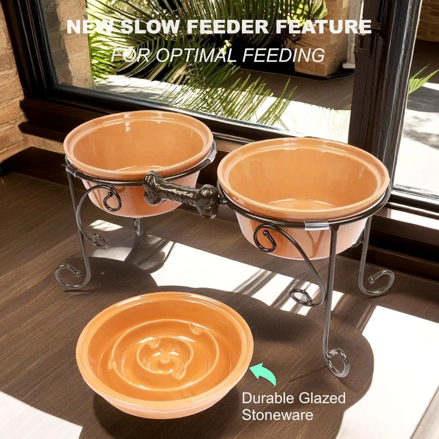 Dog Bowl Stand with 3 Ceramic Bowls - Raised Feeding Station for Medium & Large Dogs, Includes 2 Standard Bowls + 1 Slow Feeder, Durable Iron Frame, Non-Slip (Almond)