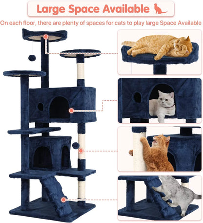 54-Inch Double Condo Cat Tree Tower with Scratching Post and Perch for Indoor Use in Navy Blue