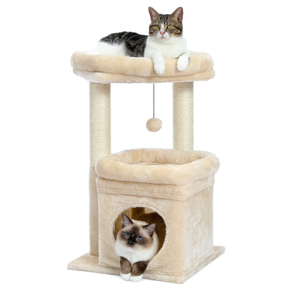 27-Inch Beige Plush Cat Tree with Condo and Scratching Posts for Medium Cats